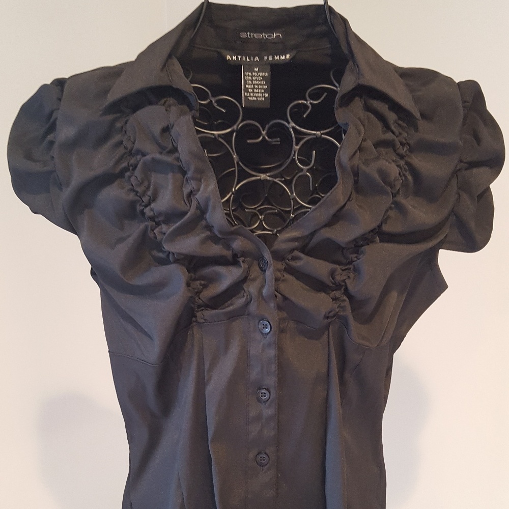 Black button down cap sleeve blouse